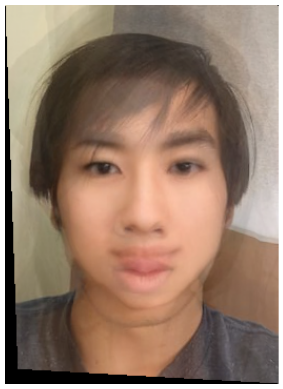 Morphing both the shape and the appearance: I’ve morphed the images together and it seems that I made a mistake with the correspondences so it is slightly misaligned around the mouth and chin.