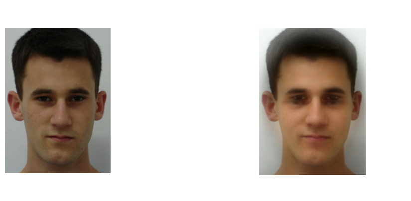 Left is the original face. Right is the face morphed into the average shape.